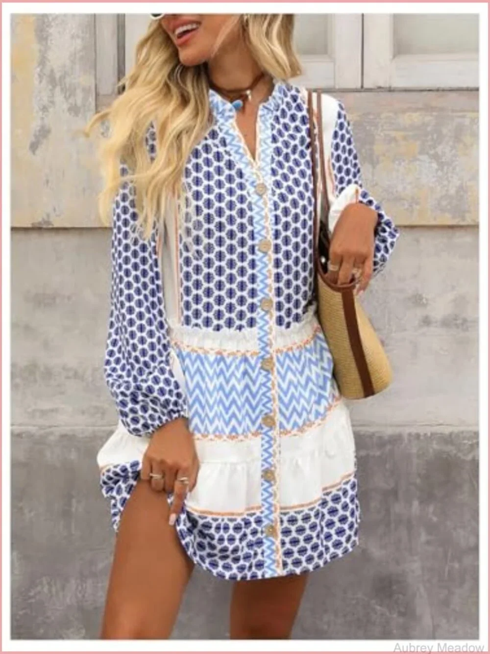 Women's Smocked Mini Dress Flowy Long Sleeve Button Front V Neck Ruffle Hem - Picture 4 of 5